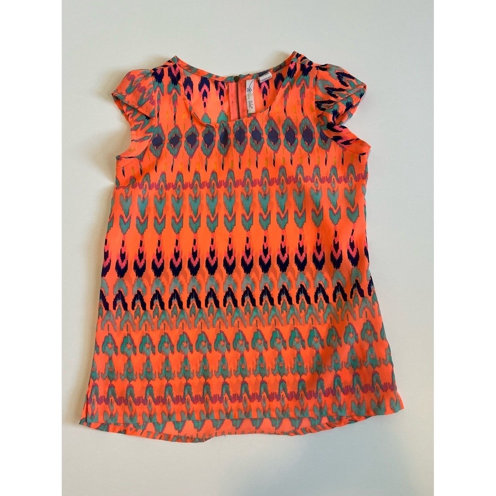 Shrinking Violet Neon Orange Ikat Print Cap Sleeve Top - Picture 2 of 7